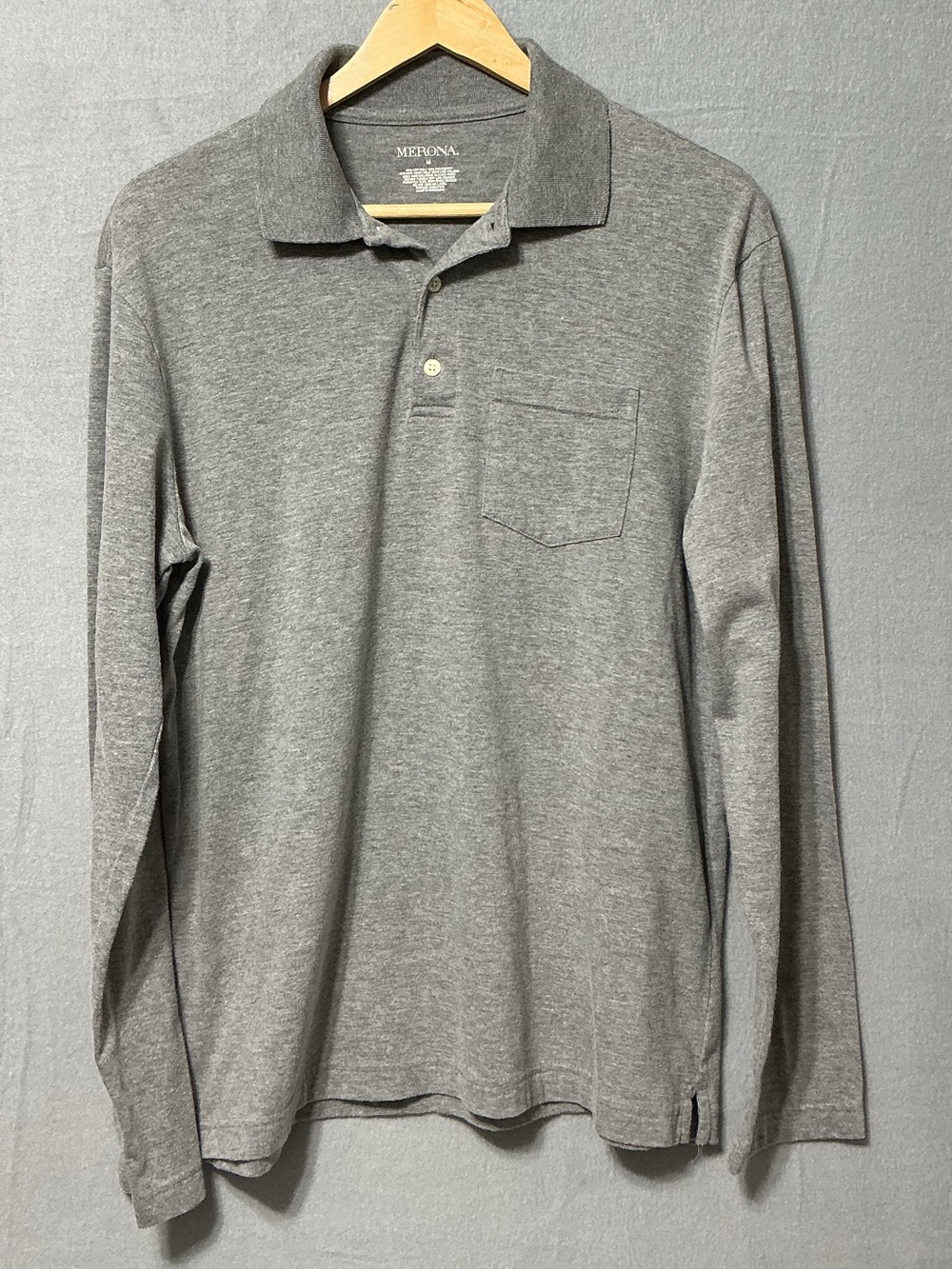 Merona Men’s Medium Gray Long Sleeve Polo Shirt Chest Pocket Cotton Blend